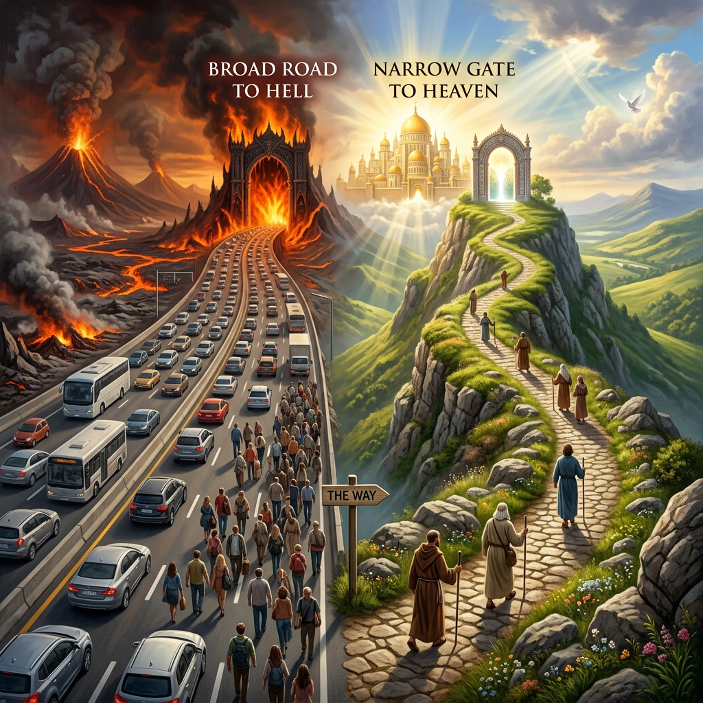 Two roads diverging to a bright narrow gate labeled 'Narrow Gate to Heaven' and a fiery broad gate labeled 'Broad Road to Hell', with people walking on both paths.